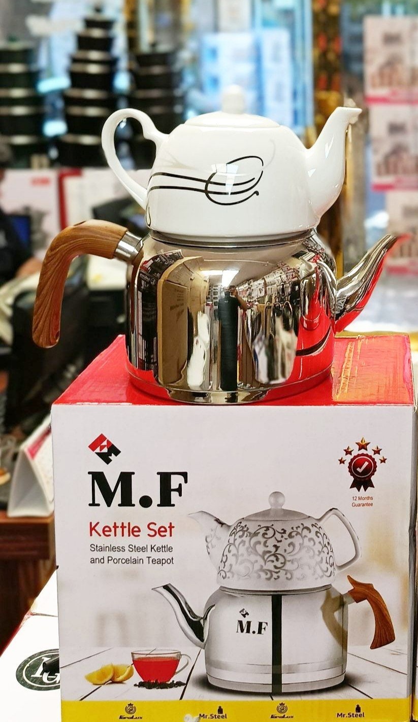 کتری و قوری استیل  M.F  لوله دار 2/5 لیتری دسته طرح چوب